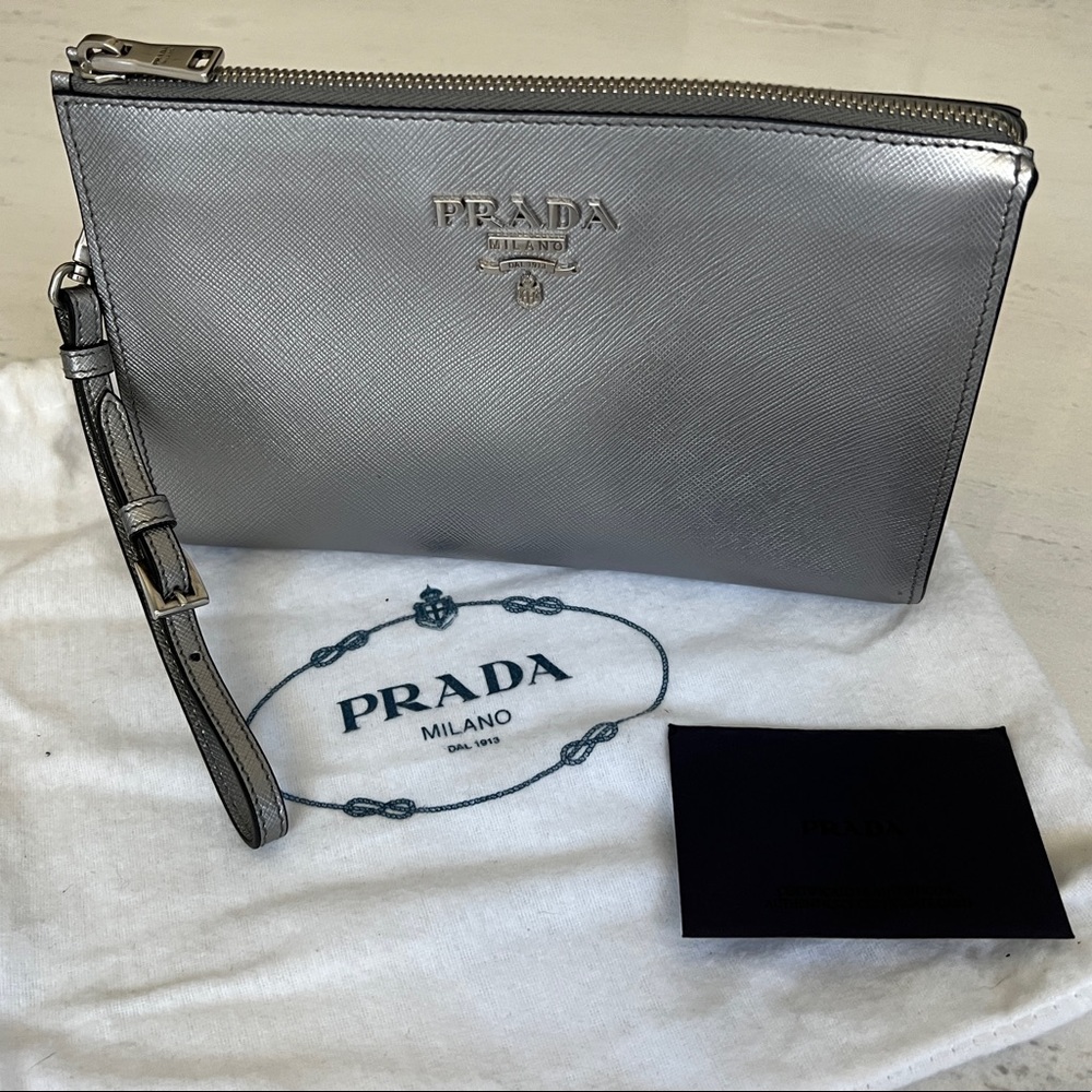 PRADA Silver Saffiano Leather Clutch